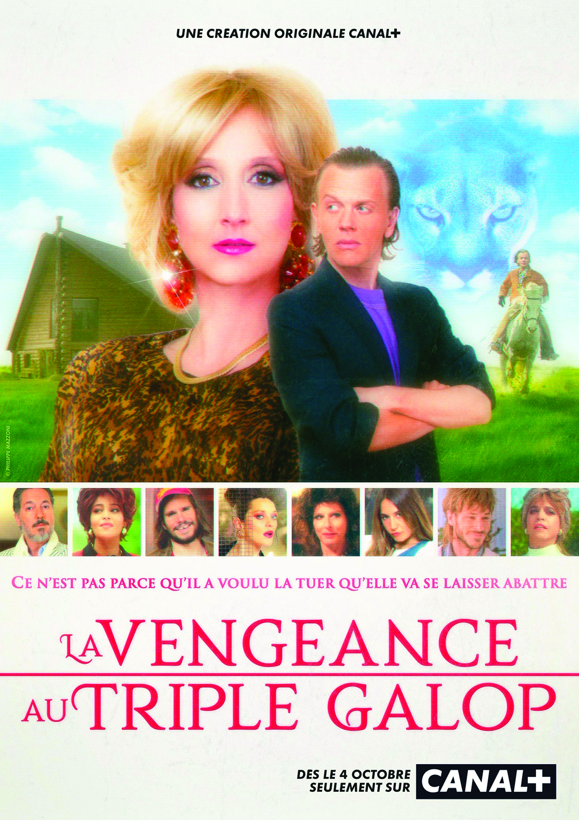 Affiche du film d’Alex Lutz, La vengeance au triple galop, qui a été produit par Supermouche Productions, à Épinal. Il reçu le prix de la Meilleure comédie au Festival de la Fiction de la Rochelle en 2021.