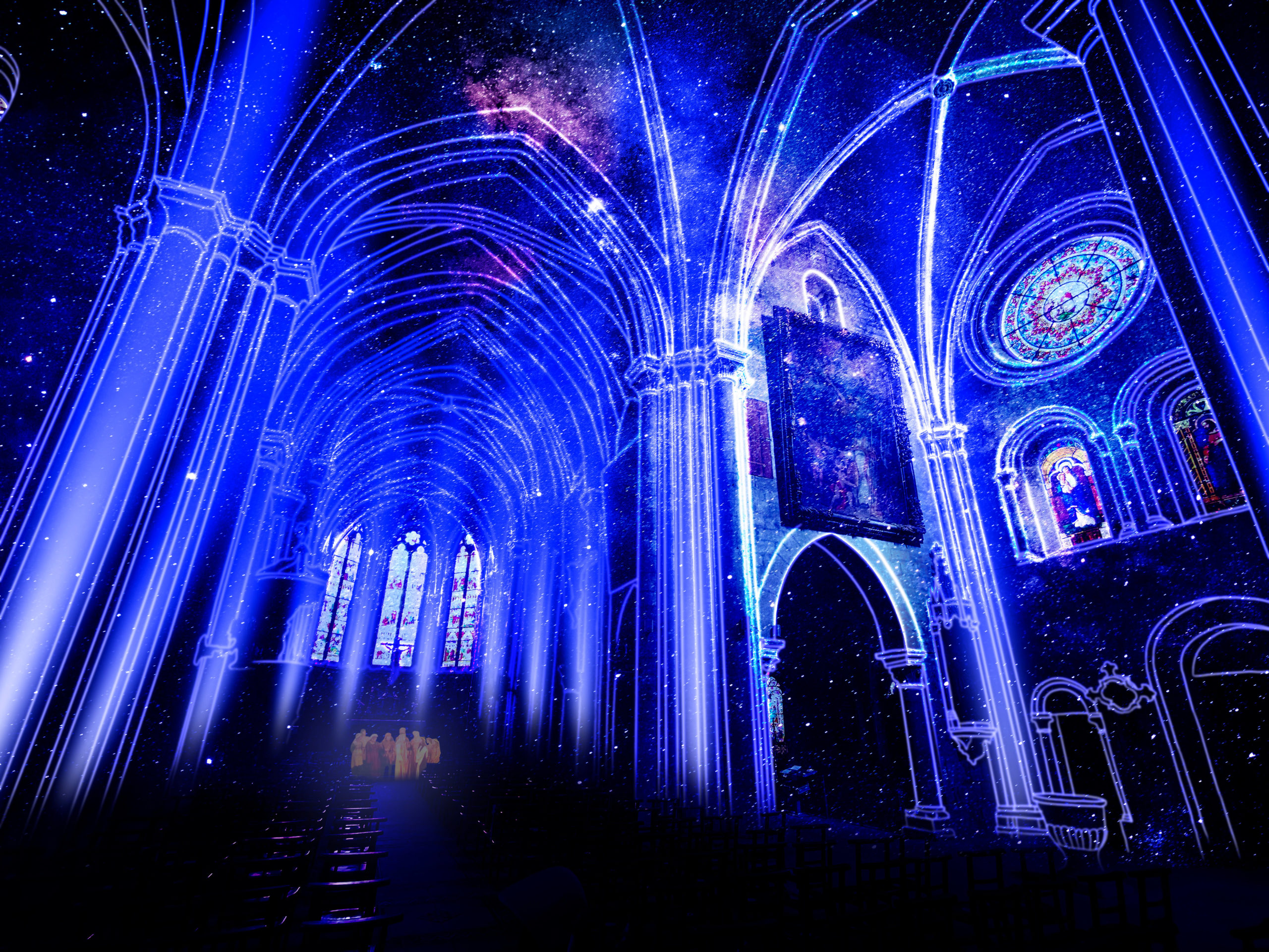 Son et lumière en dominante bleue foncée, de Damien Fontaine au sein de l’église de Neufchâteau.