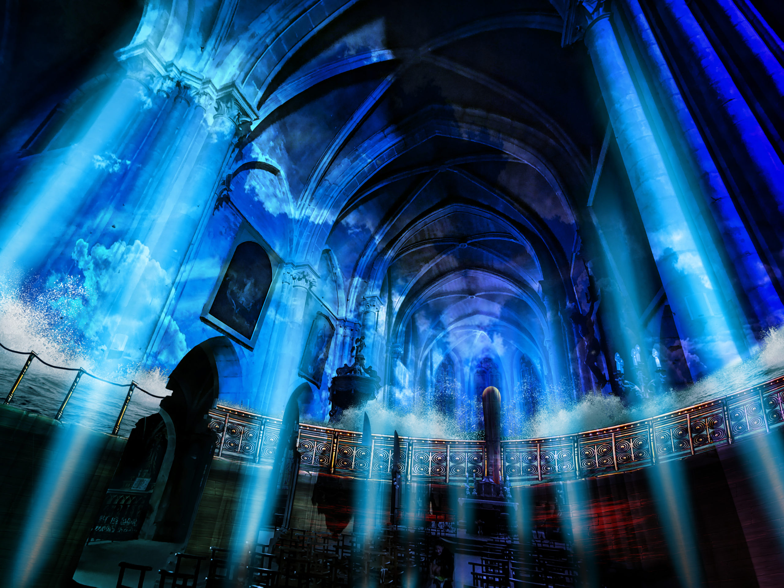 Son et lumière en dominante bleue, de Damien Fontaine au sein de l’église de Neufchâteau.
