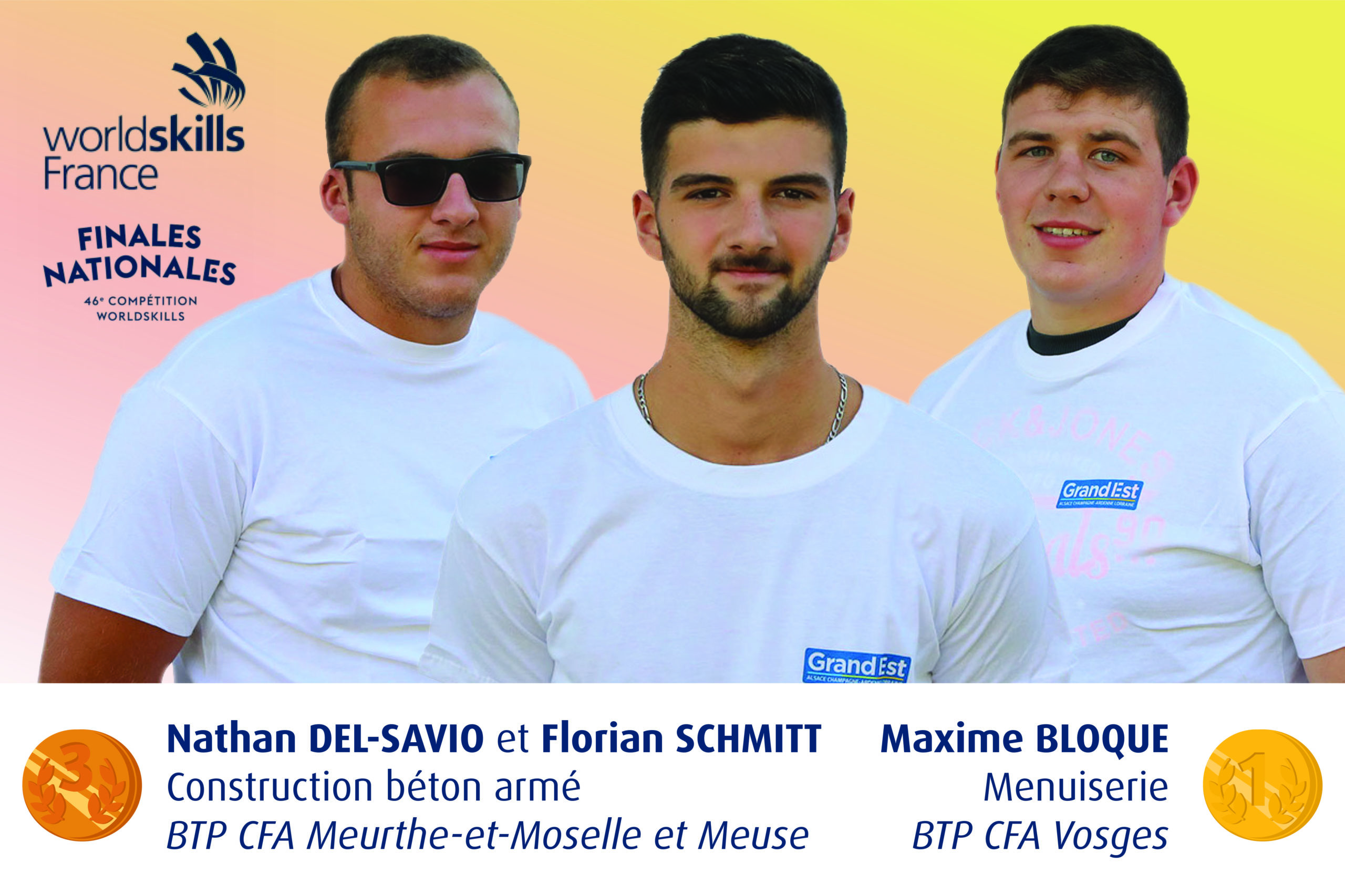 Les 3 qualifiés pour les finales Worldskills France : Nathan Del-Savio et Florian Schmitt en construction de béton armé au CFA de Pont-à-Mousson et Maxime Bloqué en menuiserie au CFA d'Arches.