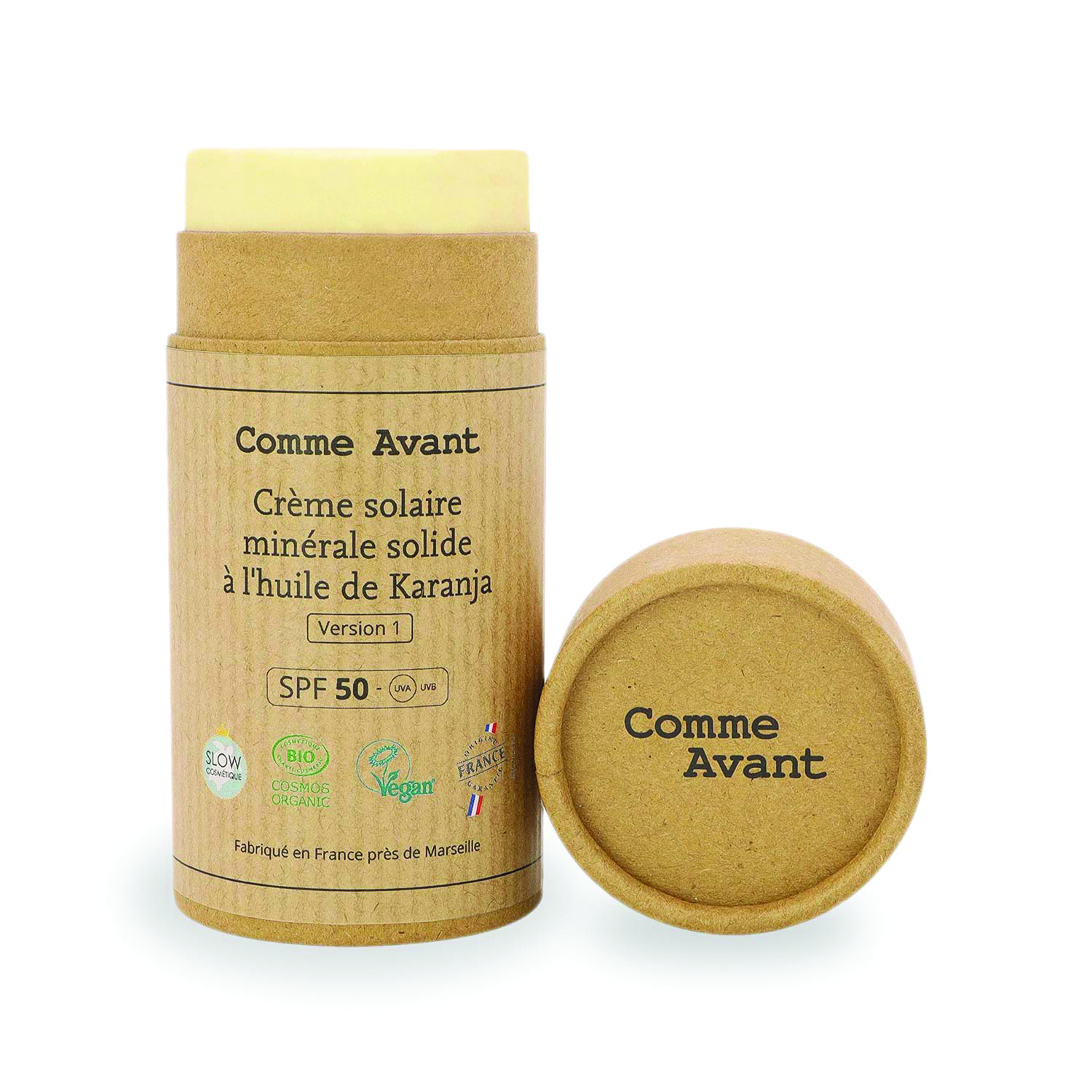 Crème solaire SPF50 minérale solide à l’huile de karanja.