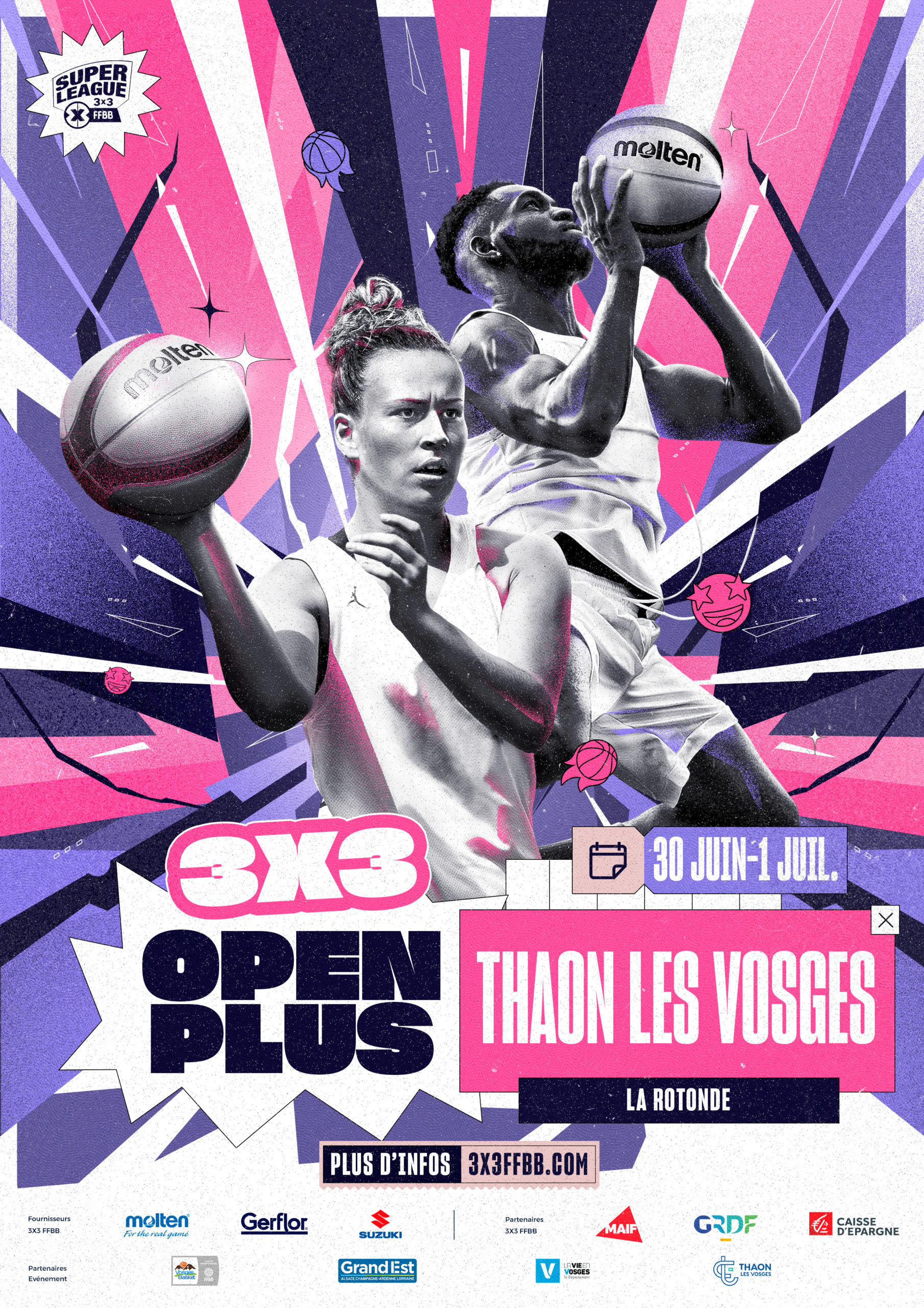 Affiche du tournoi Open Plus de basket 3x3 à la Rotonde de Thaon-les-Vosges.