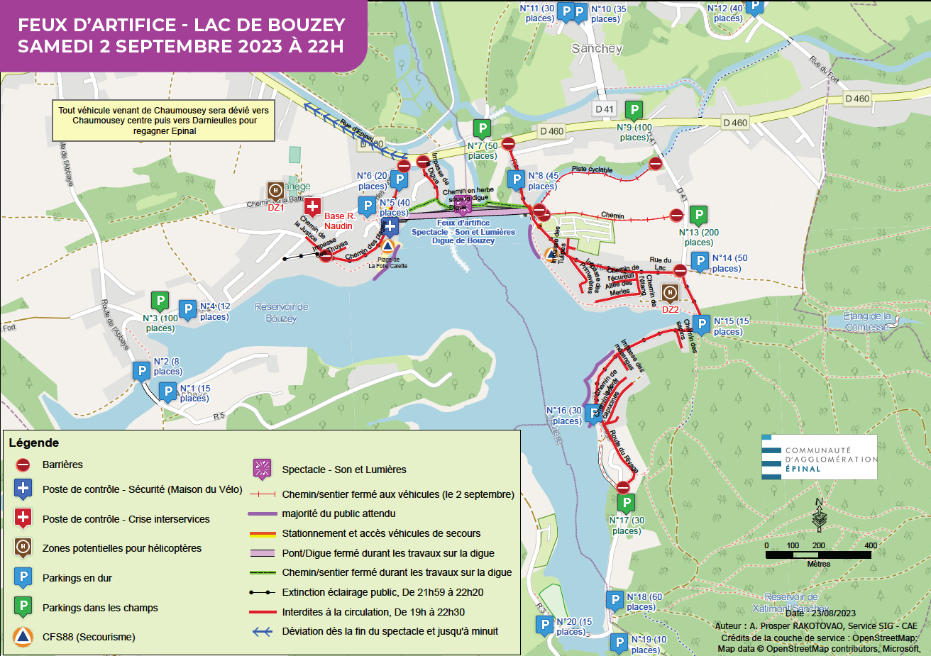 Plan d'accès pour assister aux feux d'artifice de Bouzey du 2 septembre 2023.