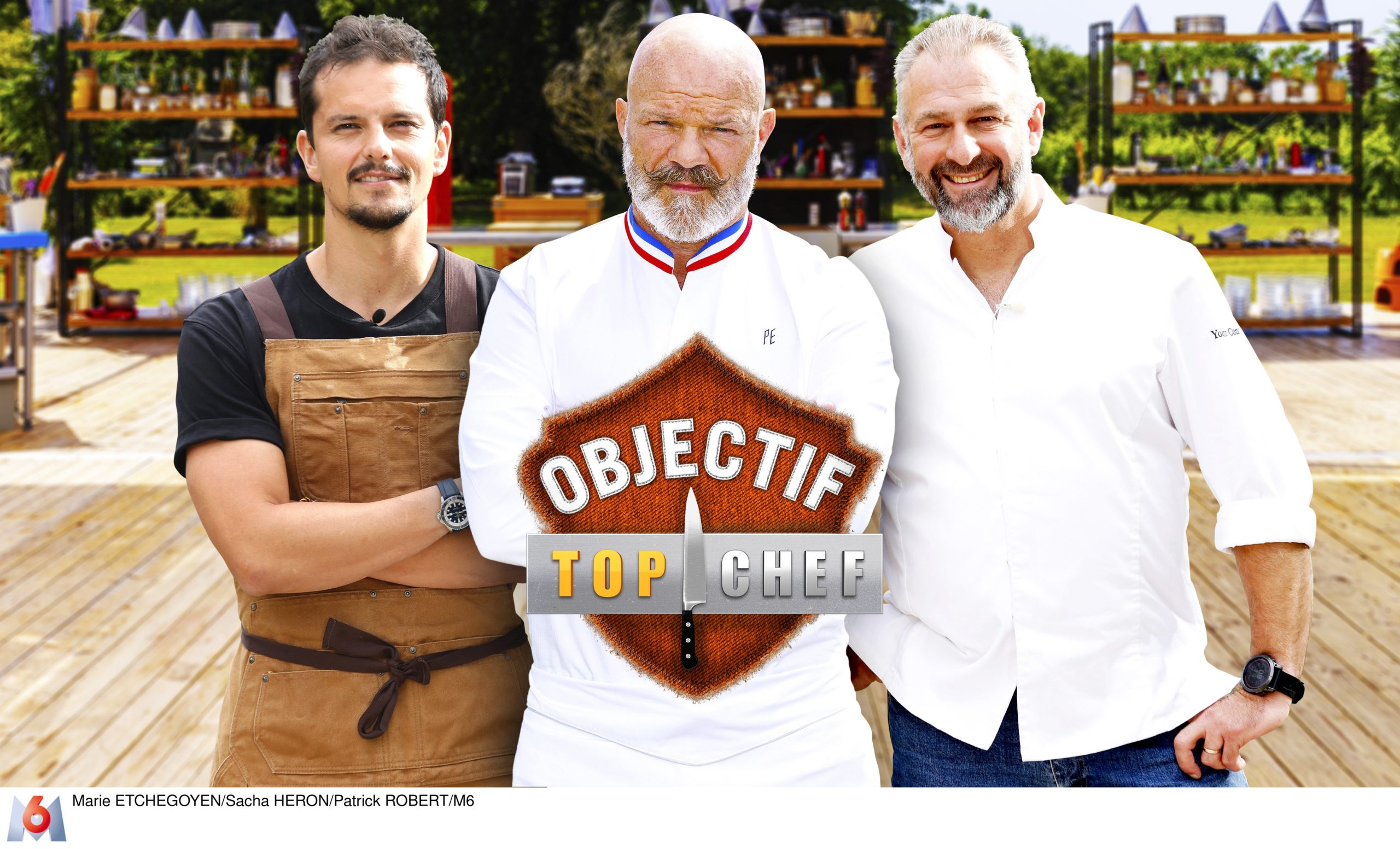 Affiche saison 9 d'Objectif Top Chef, avec Juan Arbalaez, Philippe Etchebest et Yoann Conte.