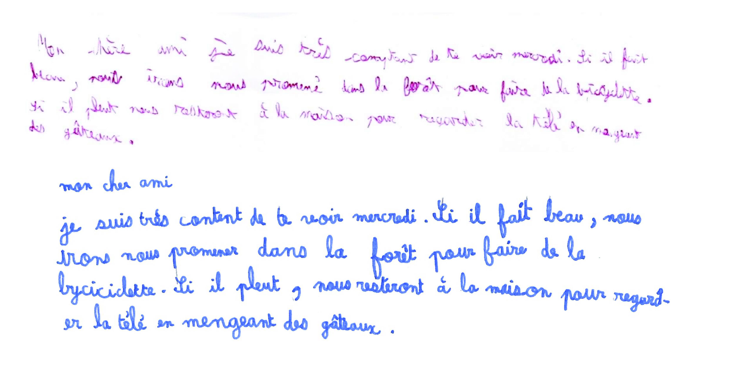 Dictée d'un élève de CM2, avant/après huit séances de graphothérapie.