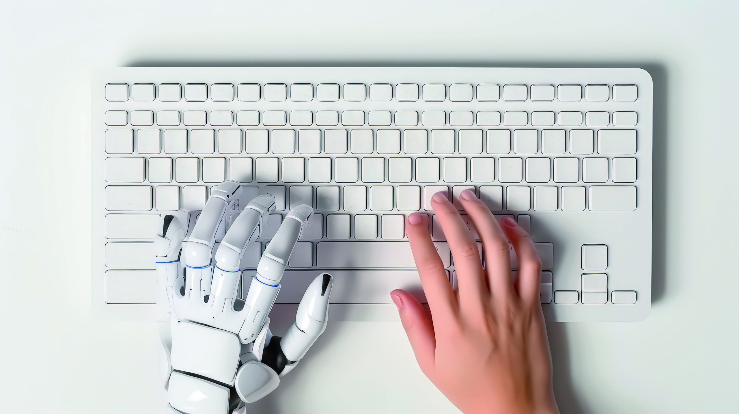 White robot hand and human hand typing and work on Key board , Collaborate work , AI , Artificial intelligence and technology.