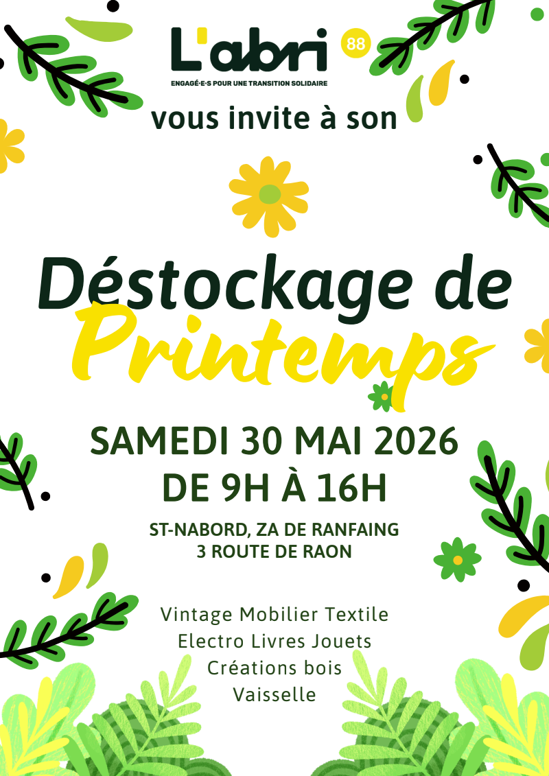 À Saint-Nabord, l'association l’Abri organise son grand déstockage de printemps le 30 mai 2• 100% Vosges 100% Vosges