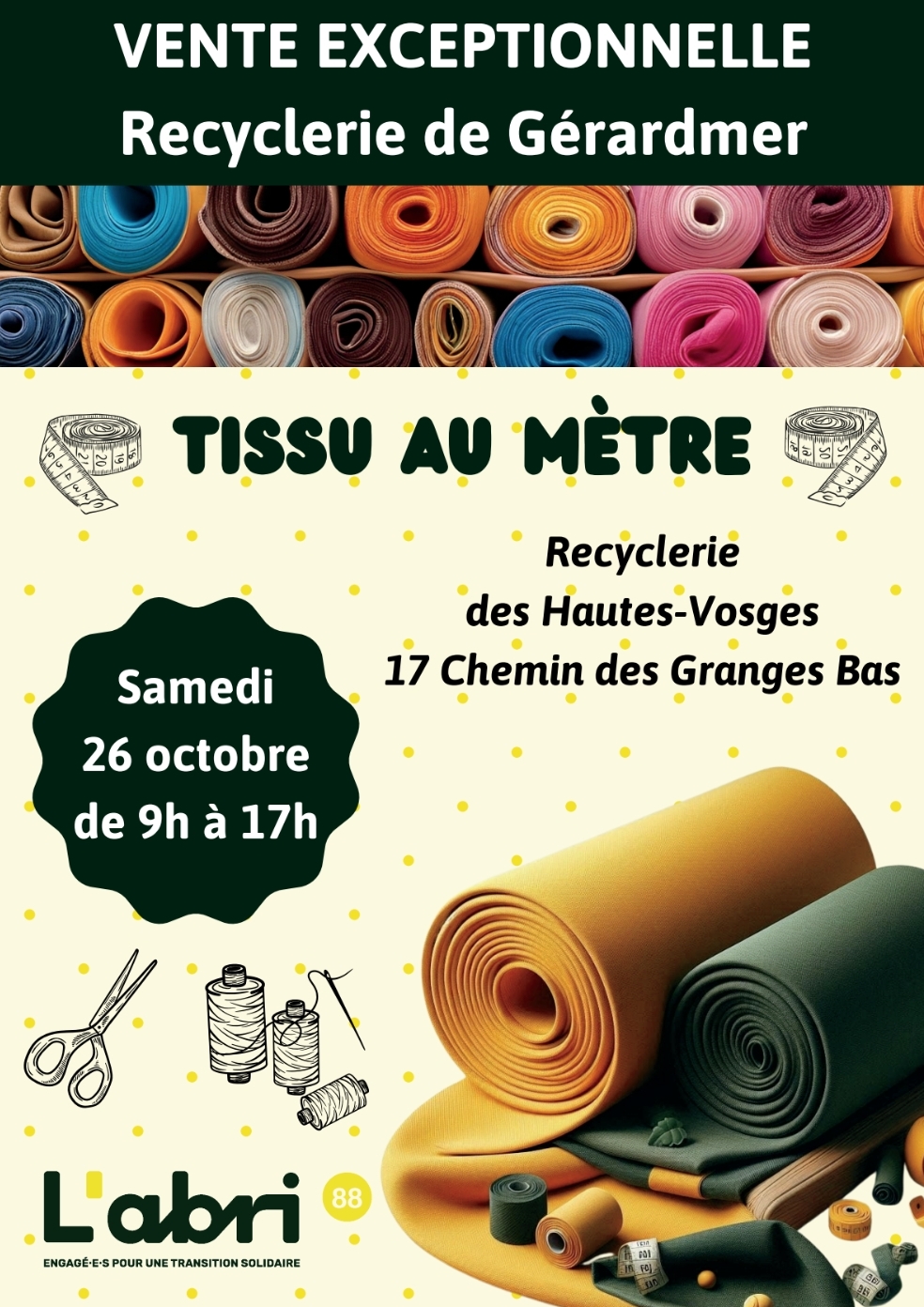 Vente exceptionnelle de tissu au mètre à la recyclerie des Hautes-Vosges de Gérardmer le 26 octobre ! 2• 100% Vosges 100% Vosges